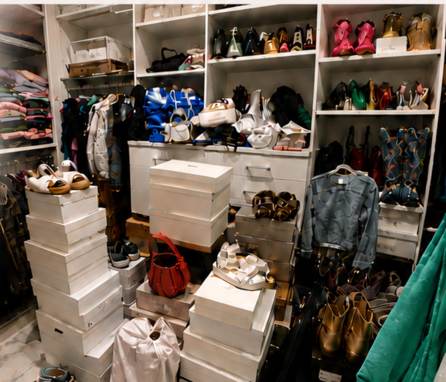 Dara's closet, shelves of boxes and shoes