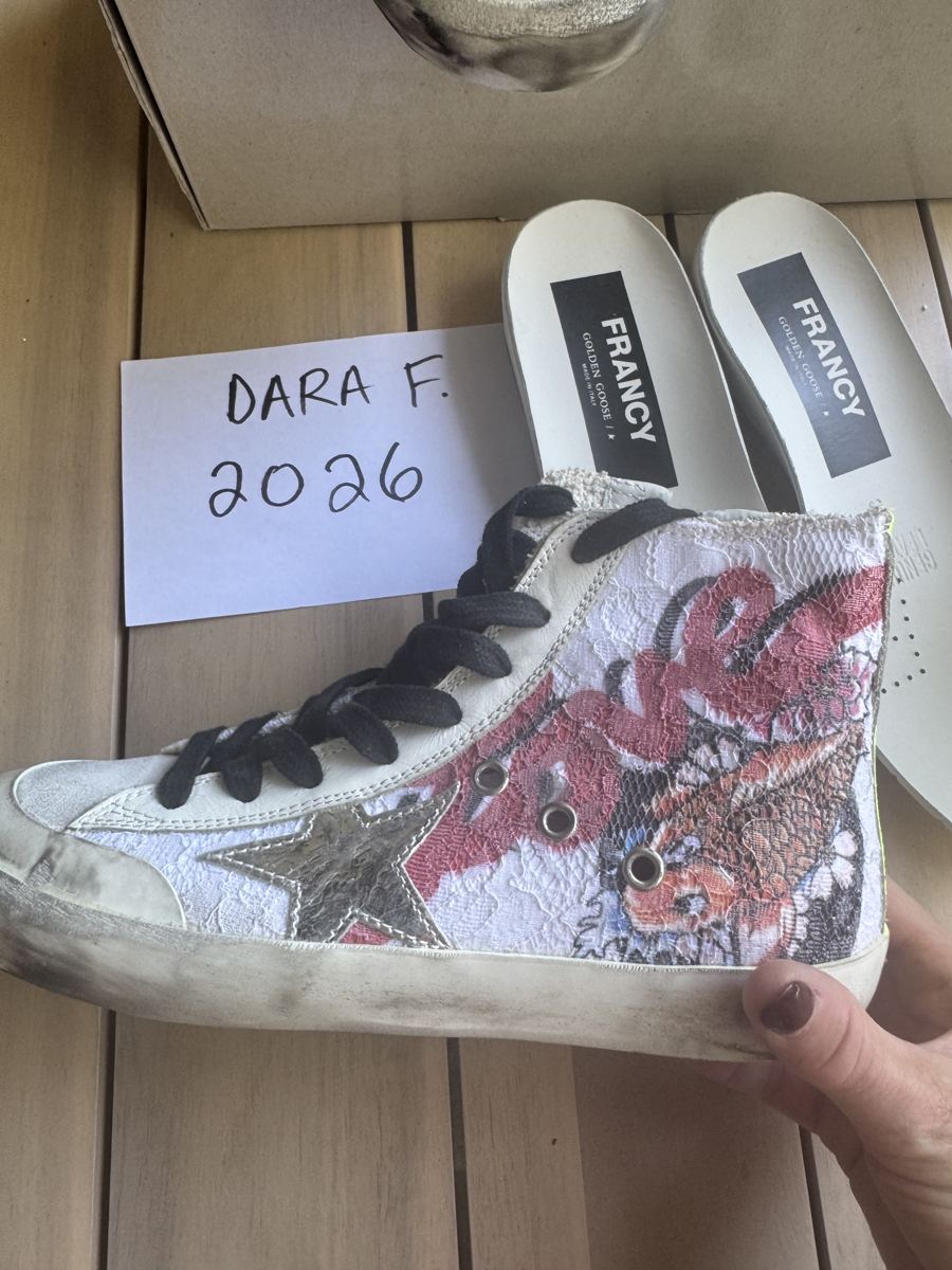 GOLDEN GOOSE Japanese Lace Francy High-Top, white with red and blue graffiti print.