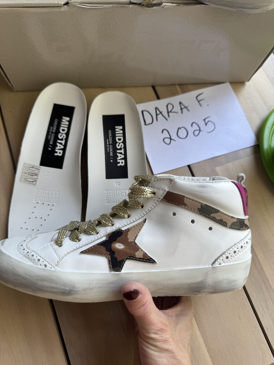 GOLDEN GOOSE Intermix Exclusive Midstar, white leather with camo star and gold laces