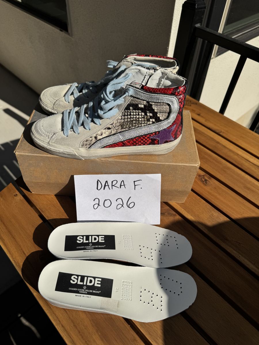 GOLDEN GOOSE Slide high-top, red, white and black snakeskin with baby blue laces and purple star.