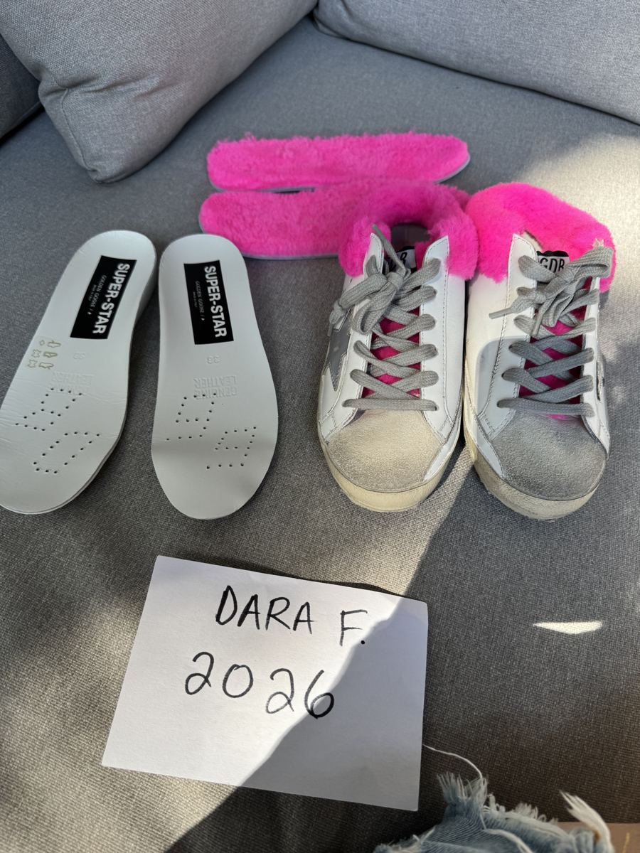 GOLDEN GOOSE Sabots, white leather suede combo with hot pink shearling. Extra insoles included.