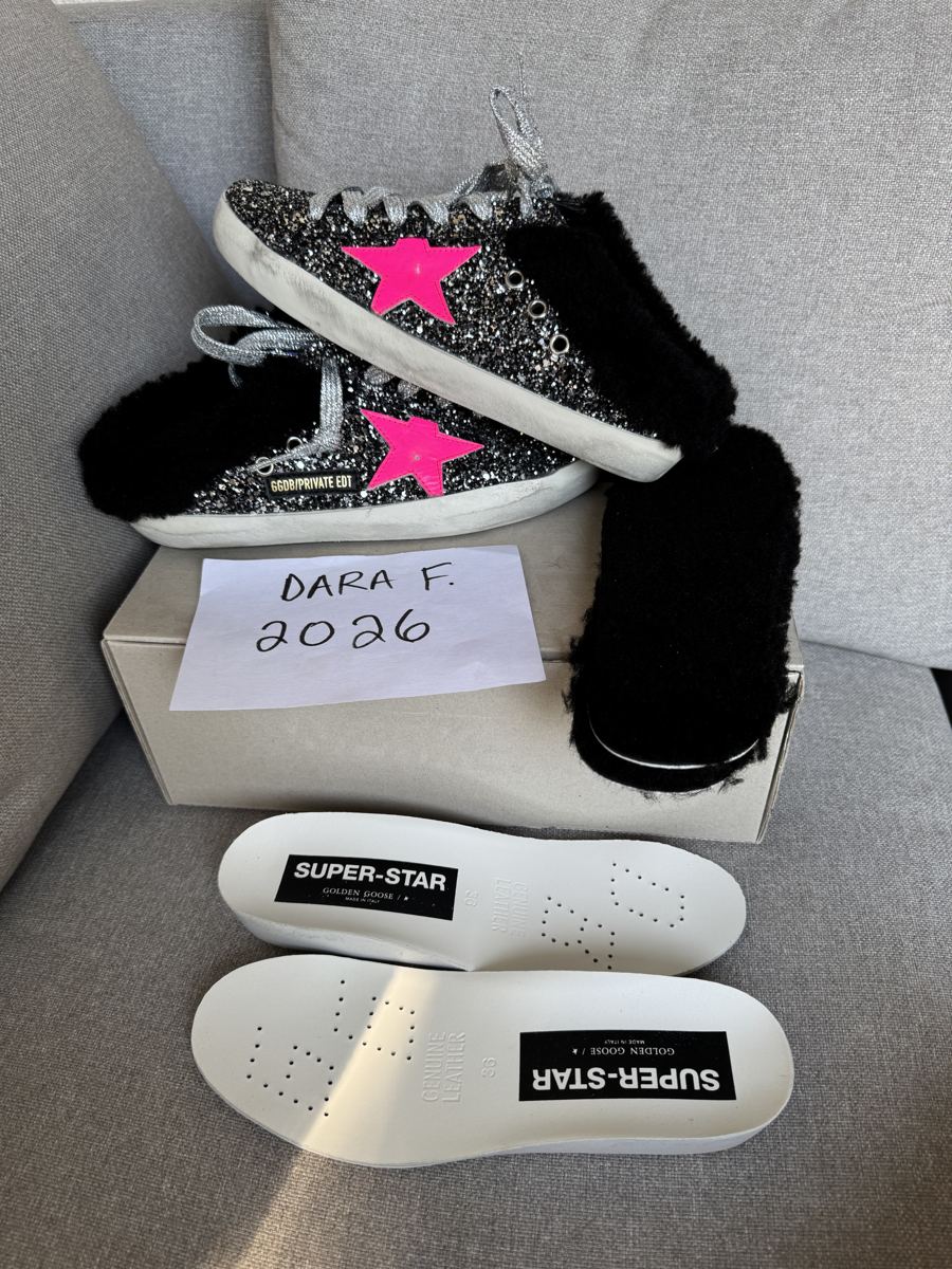 GOLDEN GOOSE Sabots, black and silver glitter with pink star and black shearling. Includes removable shearling insoles.