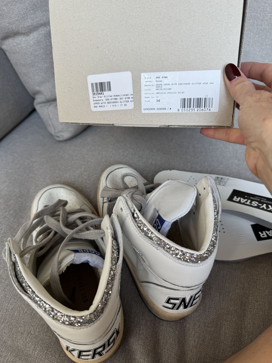 GOLDEN GOOSE Sky-Star High-tops, white leather with silver glitter accents
