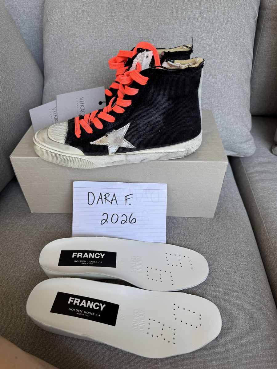 GOLDEN GOOSE Francy high-top, black canvas with orange laces and Swarovski crystals